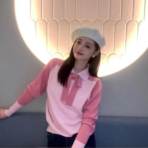 Brand Design Ladies Clothing 2021 New Fashion Pink Sweater Lapel Stitching Bow Knit Long Sleeve Top Pullover Jumper