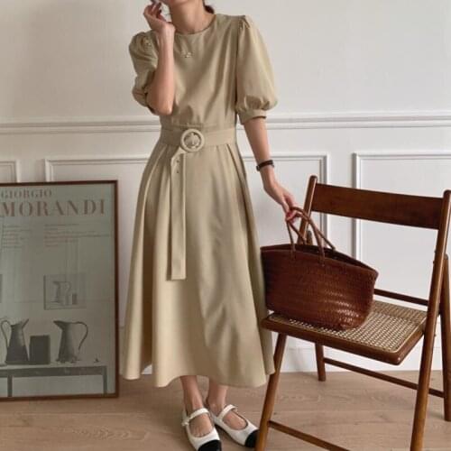 2021 New Women Summer Elegant Long Beige Dress with Waistbelt Puff Sleeve Slim Waist Back Buttons A-line Maxi Sundress
