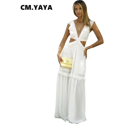 CM.YAYA Women Long Dress Solid Sleeveless V-neck Bandage Hollow Out Loose Maxi Dresses Sexy Fashion Vestidos Summer Outfits 2021