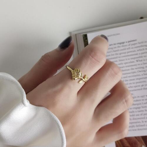 Fashion 925 Sterling Silver Jewelry Adjustable Gold Color Rose Flower Design Open Silver Ring For Women Fine Jewelry Gift