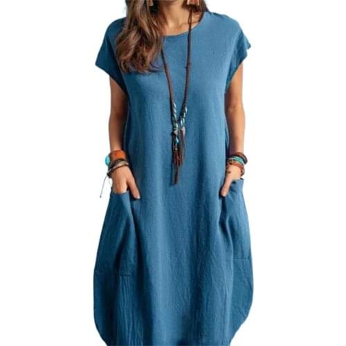 New Women Dress Mid-calf Pocket Solid Color Short Sleeve O Neck Simple Stylish Cotton Blend Loose Summer Dress vetement femme