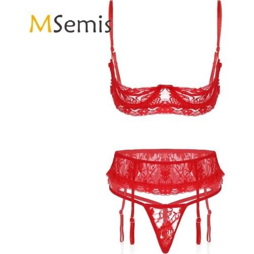 Women Sexy Lace Lingerie Babydoll Costume See-through Underwear Bra Set G-String Garter Belt Underwear Nightwear Bra Brief Sets