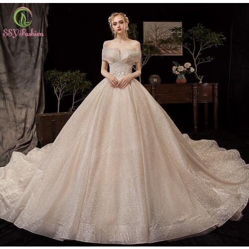 SSYFashion New High-end Wedding Dress Bride Married Luxury Shining Sequins Boat Neck Court Train Wedding Gown Vestido De Novia