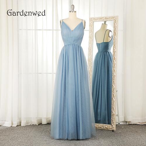 Gardenwed Dusty Blue Evening Dress 2019 Spaghetti Straps V Neck Pleated Woman Formal Prom Dresses