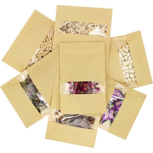 1000pcs/lot Kraft Paper Food Bag with Zip Lock, Reusable Sealing Bag with Clear Window for Storing Cookie Dried Food Snack