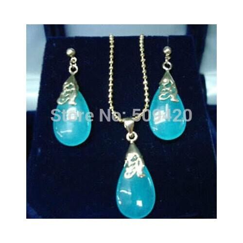 Free p&p Wholesale Charming blue jade stone pendant necklace & earrings set