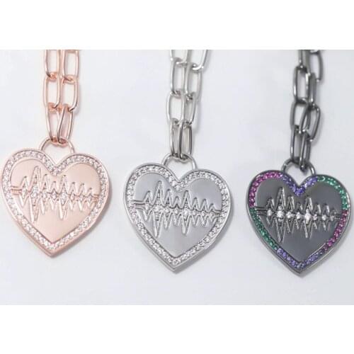 SLJELY Top Quality Fashion Pure 925 Sterling Silver Black Grey Heart Beat Pendant Necklace Micro Colorful Zirconia Women Jewelry