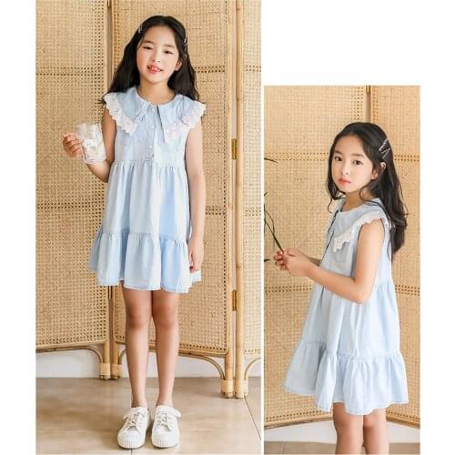 Childrens Clothing for Girls New Summer Denim Dress 2021 Sleeveless Cotton Skirt Lace Baby Collar Casual Party Kids Costume