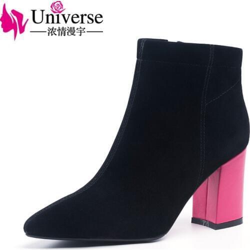 Universe kid suede ankle boots warm plush zipper solid pointed toe super high heels black ladies winter boots women shoes H198