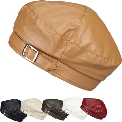 Temperament Vintage Leather Buckle PU Leather Beret Womens Autumn And Winter Fashion Easy Match Flat Top Painter Cap