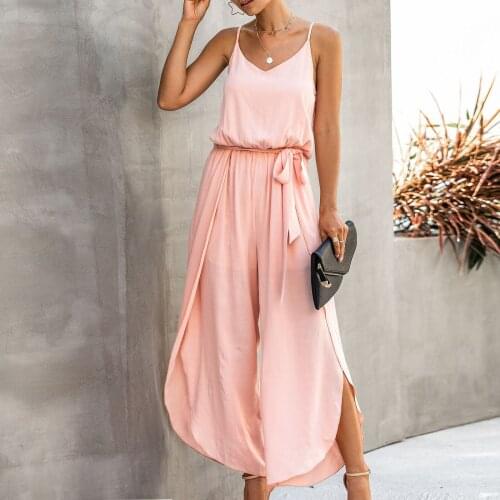 Summer Women Sleeveless Sling Jumpsuits Solid Color Camisole Rompers V-neck Frenulum Broad Legs Side Split Jumpsuits