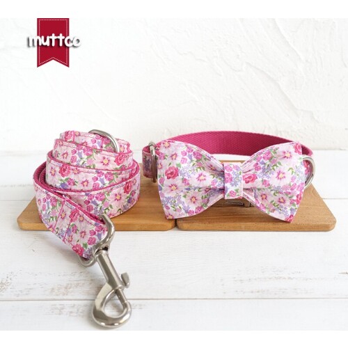 MUTTCO Floral collar colorful dog necklace THE PINK FLOWER unique style bow-tie dog collars and leashes set 5 sizes UDC048