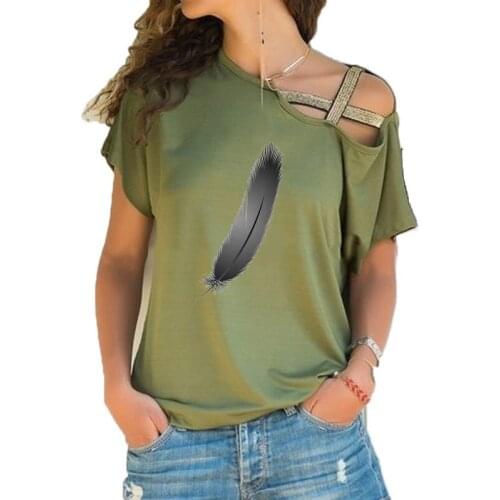 New Feather Printing Funny Teeshirt Women Short sleeve Summer Cool Clothes Loose Irregular Skew Cross Bandage Tops Tee