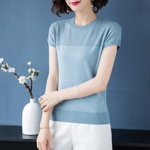 Solid Color Knitted T-shirt Womens O-neck Short Sleeve Tees Top Female Summer Loose Breathable Slim Temperament T-shirts H9301