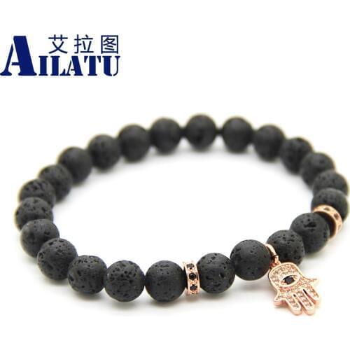 Ailatu 8mm Lava Stone Hang Micro Pave Black CZ Stoppers Hamsa Hand pendants