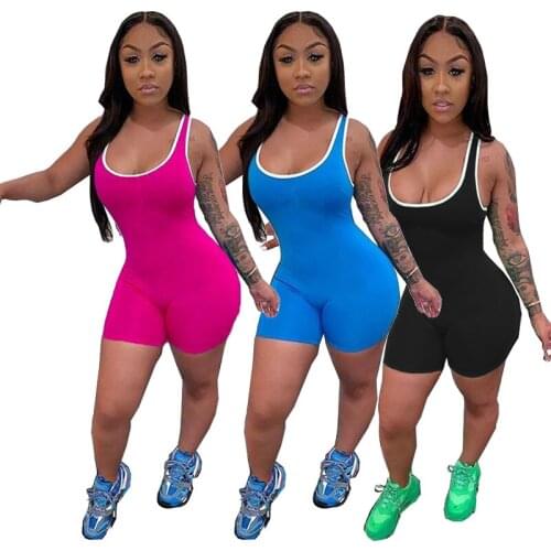 Striped Solid Color Rompers for Womens Jumpsuit Sporty Active Wear Biker Playsuit Workout Sleeveless Bodycon Clubwear Playsuits