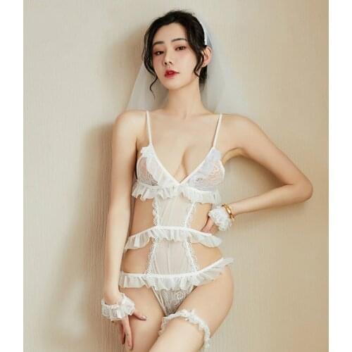 Sexy Women White Bride Wedding Dress Erotic Cosplay Costume Lace Open Crotch Bodysuit Porno Lingerie Perspectivity Bride Uniform