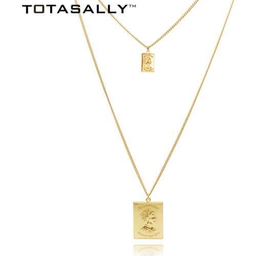 TOTASALLY Metal Coins Queen Elizabeth carved Pendant Party Necklaces for women double chains Jewelry Alloy party show Gifts