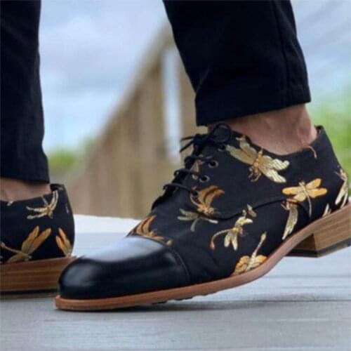 Mens Shoes Fashion Solid Color PU Stitching Dragonfly Printing Laces Comfortable Business Casual All-match Oxford Shoes KS053