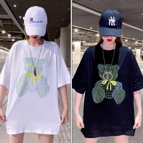 Europe Streetwear Vintage Cartoons Sequins Black White Tees Dress Summer Women O-Neck Loose Long Tops Oversized Cotton T-shirts