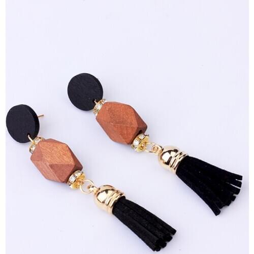 Trendy Long Leather Tassel Earrings Fashion Jewelry Statement Black Brown Boho Gold Wood Earrings For Women 2020 New Arrival