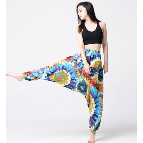 Women Thai Indian Harem Pants Cotton Linen Print Boho Festival Hippie Trousers Baggy Loose Elastic Waist National Style Lantern