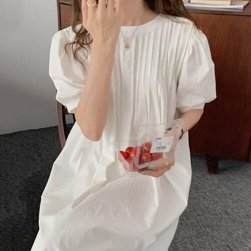 Korean Chic Summer Simple Round Neck Pleated Design Loose Back Single Breasted Puff Sleeve Dress Skirt Female