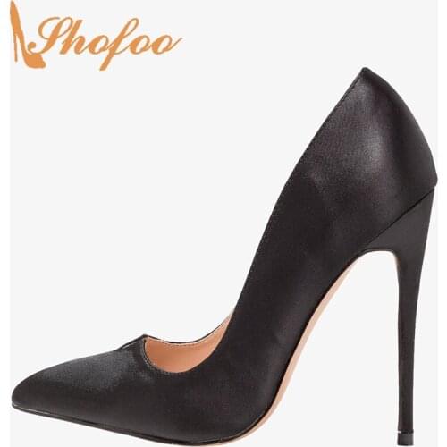 Black Silver Satin Pointed Toe Stilettos Pumps Woman Super High Thin Heels Ladies Party Dress Shoes Large Size 11 14 16 Elegant