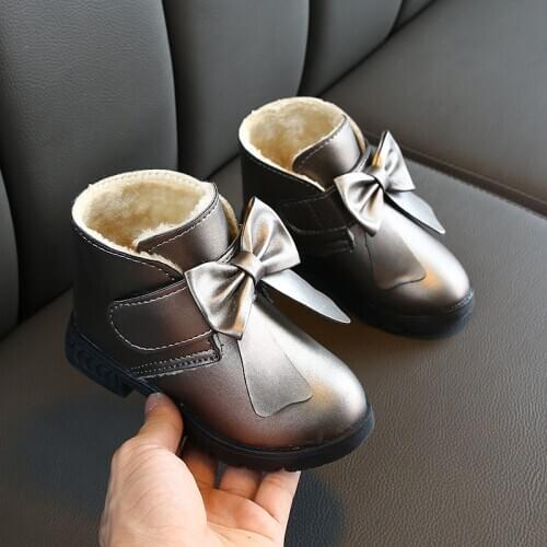 Children Winter Plush Snow Boots 2020 New Fashion Bow Girls Shoes Sneakers Kids Ankle Leather Boots 3 4 5 6 7 8 9 10 11 12 Years