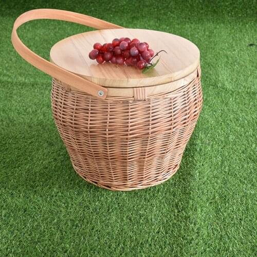 2021 Rattan Basket Storage Bag Box Hamper Shopping with Handle Wicker Picnic basket with Wooden Removable Lid Zip Close
