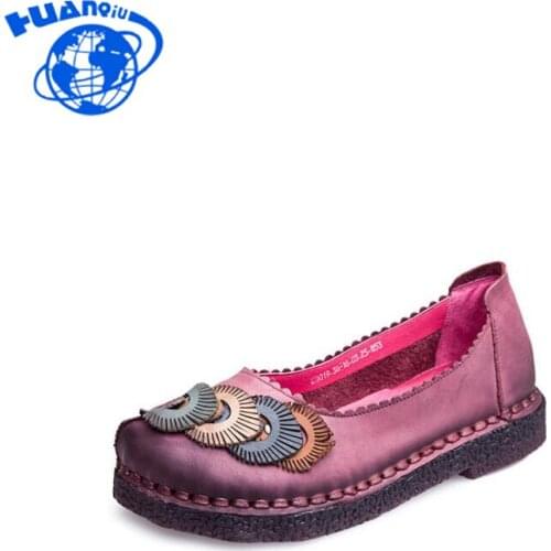 HUANQIU Leather Flat Shoes Plus Size Real Leather Handmade Flats Loafers Female Solid Comfortable Casual Women Shoes Wyq190