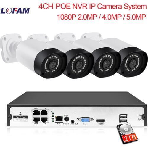 LOFAM 2.0MP 4.0MP 5.0MP 4CH POE NVR Kit 1080P H.265 Outdoor Waterproof Day Night PoE IP CCTV Surveillance Security Camera System