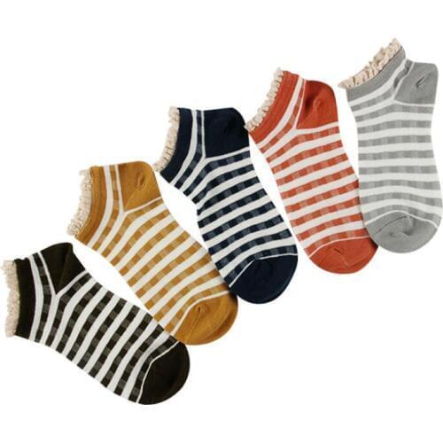 5 Pairs Students Cotton Socks Striped Crew Sock Woman Lace Cuff Cotton Checked Ankle Socks Girls Mustard Summer Plaid Boat Socks
