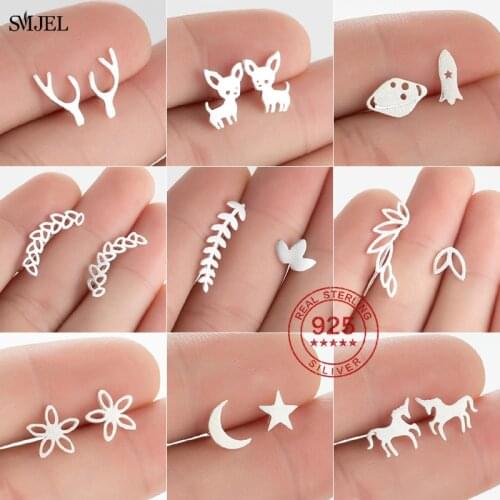 New Bohemian Silver 925 Earrings Jewelry Leaf Geometric Round Stud Earrings for Women Simple Bar Leaf Earing Ear Climber Girls