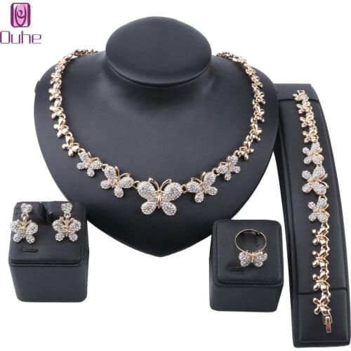 Fashion Butterfly Necklace Gold Color Crystal Party Engagement Anniversary Wedding Earring Ring Jewelry Sets Gifts For Women