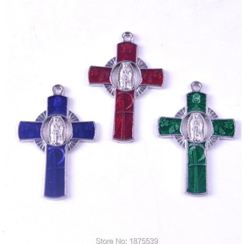 Our Lady of Guadalupe Crucifix Red Blue Green Color Pendant Necklace