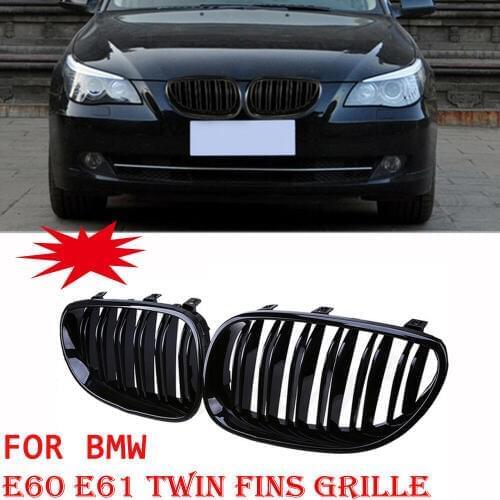 Front Gloss Black Kidney Twin Fins Grilles For BMW E60 E61 M5 5 Series 03-10