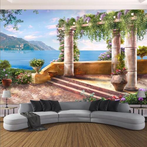 Custom Any Size Mural Wallpaper 3D Roman Column Sea Landscape Fresco Restaurant Living Room Background Wall Papel De Parede 3 D