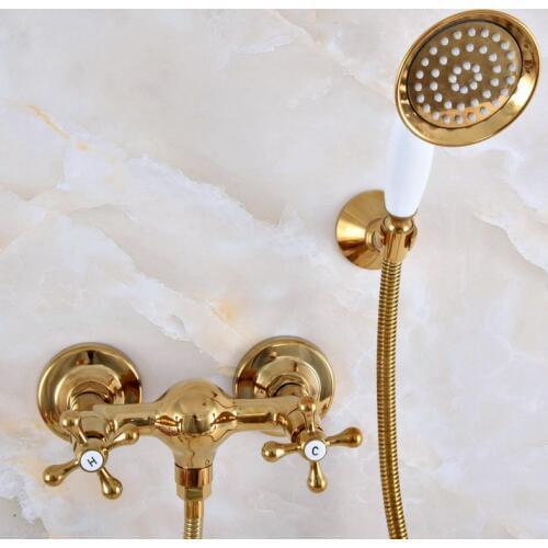 Luxury Polished Gold Color Brass Bathroom Hand Held Shower Head Faucet Set Mixer Tap Dual Cross Handles mna976