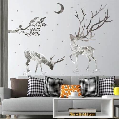 Nordic two White and Grey Elks Wall Stickers for Living Room Bedroom Wall Decals Tree Branches Moon Room Decoration PVC Stickers