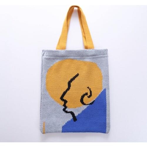 Teenager Knitting Top-handle Tote Bag Female High Street Fashion Casual Crochet Soft Woolen Daily Open Gray Shopping Handbag