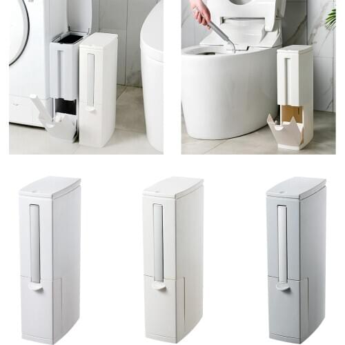Narrow Plastic Trash Can with Toilet Brush Holder Garbage Can Waste Basket, Space Saving