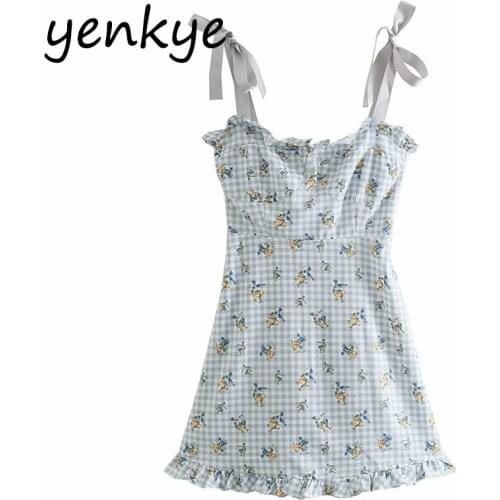 YENKYE Vintage Plaid Floral Sexy Sling Dress Women Sleeveless A-line Mini Holiday Sweet Dress Female Summer Chic Vestido
