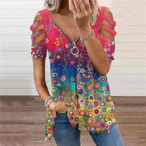 Women Casual Zipper T-Shirt Harajuku Loose Star Printed T-Shirts Vintage Sexy Printed Hollow Out Off Shoulder T-Shirts Tops