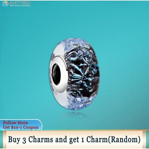 Ahthen 925 Sterling Silver Wavy Dark Blue Murano Glass Ocean Charms fit Original Pandora Bracelet Women Jewelry Making Girl Gift