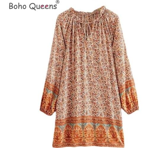 Boho Queens women hippie ethnic floral print V-neck Bohemian mini dress ladies flare sleeve rayon cotton dresses vestidos