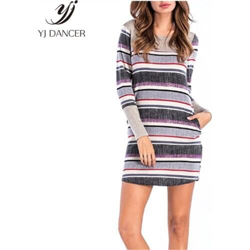 2018 Fashion New High quality Female Autumn Dress Striped Stitching Hem Curved Round Neck Long Sleeve Tight Sexy Dress H0150