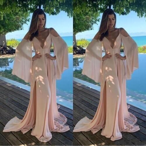 Elegant V-Neck Pink Evening Gowns Long Sleeve Chiffon Beach Prom Dresses Vestido De Festa Longo Side Split Party Dresses