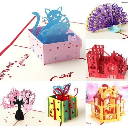 25 Styles 3D Pop UP Holiday Greeting Card Cat Box Animal Christmas Thanksgiving Birthday Gift Handmade Valentine Invitation new
