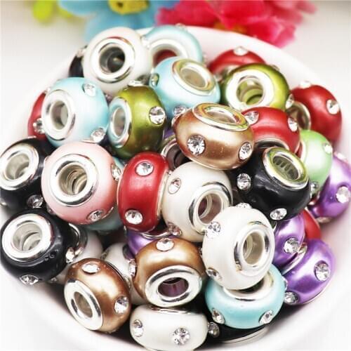 50Pcs Rhinestone Acrylic Loose Resin Murano Glass Spacer Beads Charms Fit For Pandora Bracelet Cord Chain Necklace DIY Jewelry